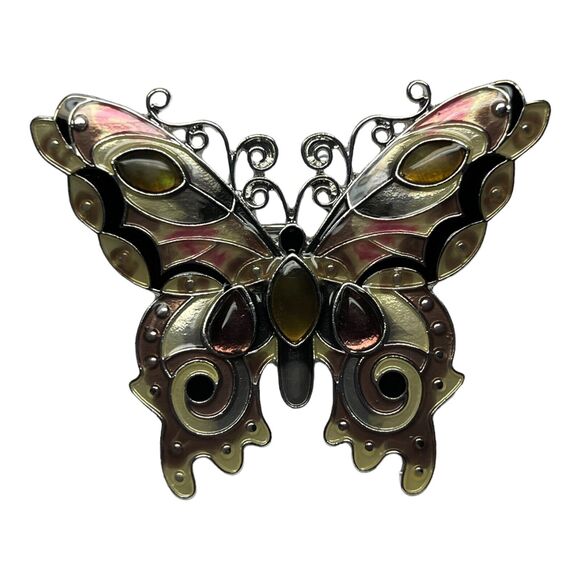 Zarah Amethyst and Mother of Pearl Butterfly Brooch Silver Plated Cloisonne Pin - Picture 3 of 5